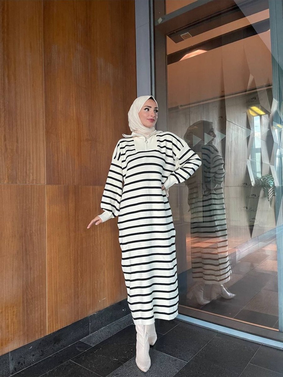 Arden Scarf Çizgili Fermuarlı Triko Elbise Bej
