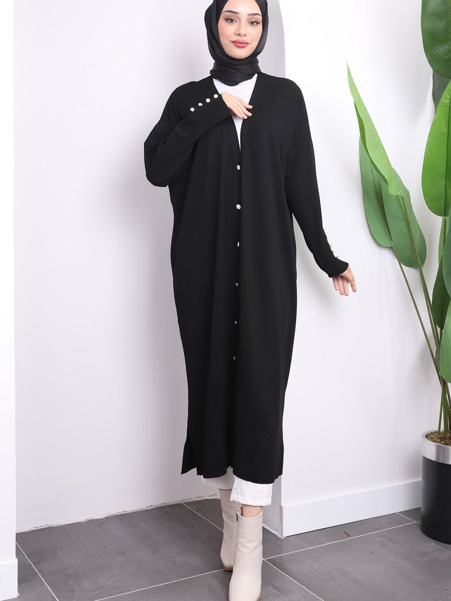 İmajbutik Siyah Düğmeli Uzun Soğuk İplik Merserize Hırka