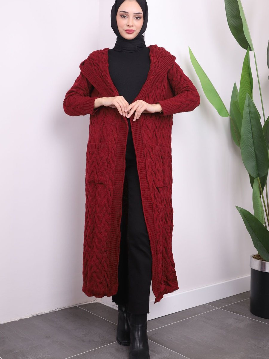 İmajbutik Bordo Kapüşonlu Cepli Örgü Triko Hırka