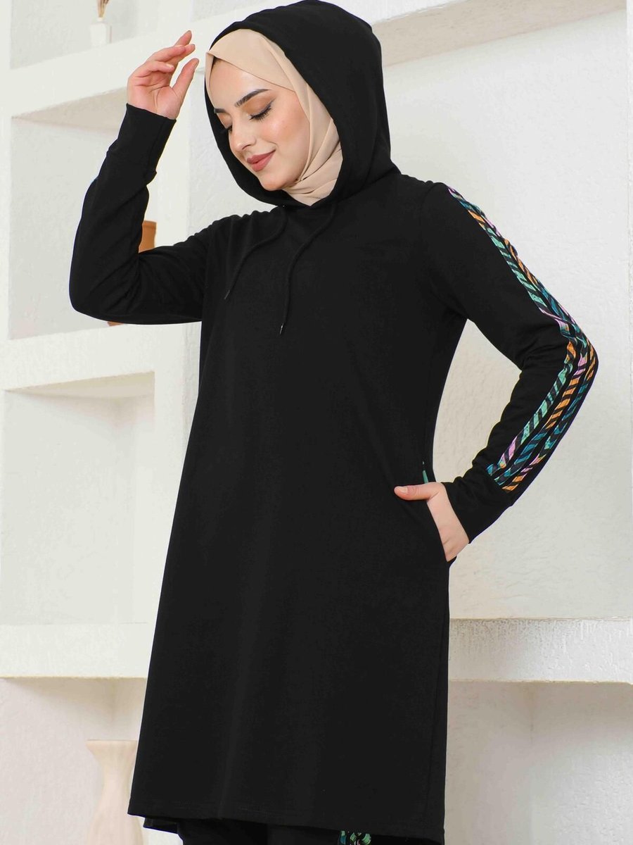 Perolastyle Kamuflaj Şeritli Kapüşonlu Eşofman Takımı Siyah
