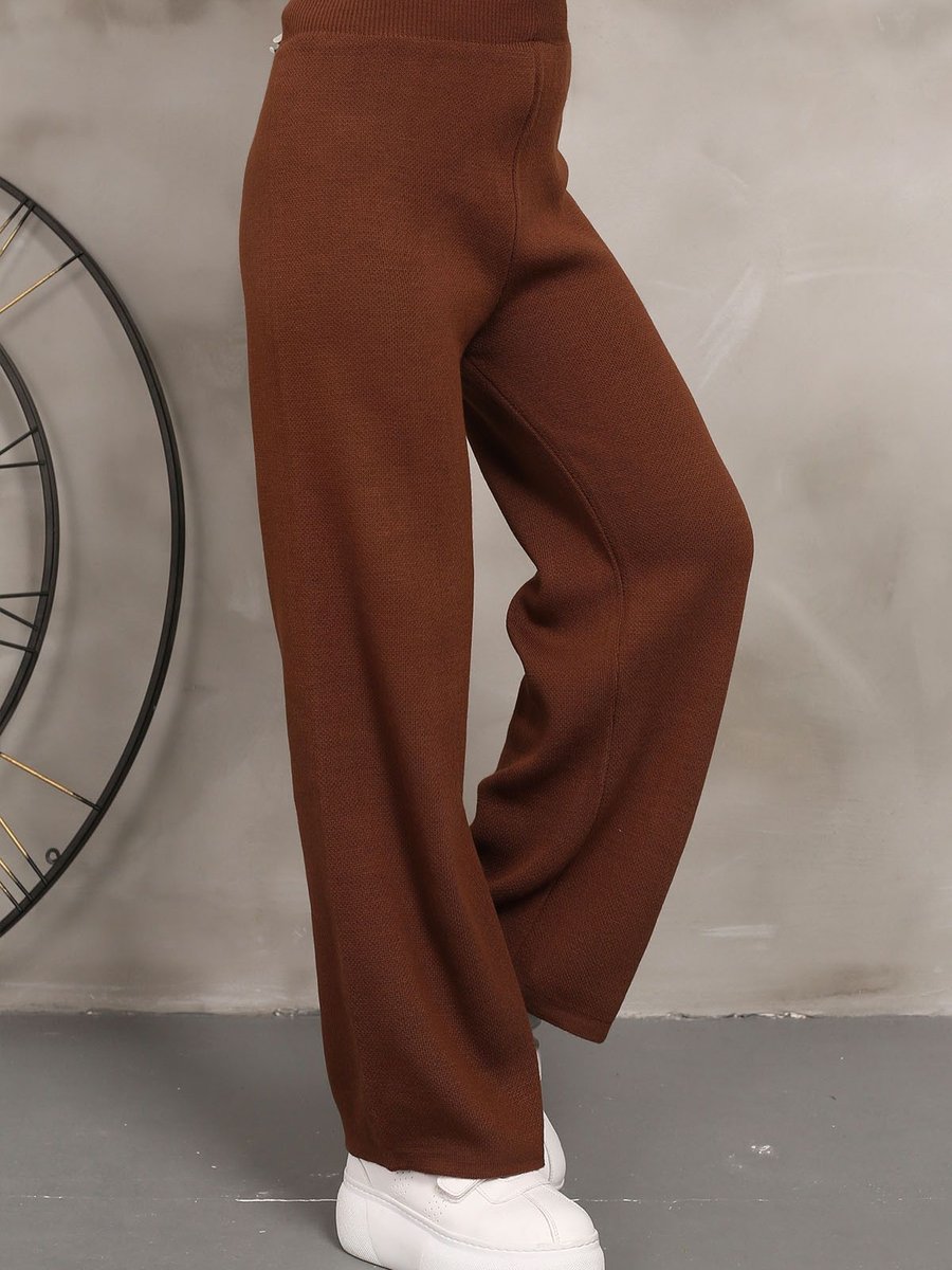 İmajbutik Kahverengi Yüksek Bel Bol Paça Triko Pantolon
