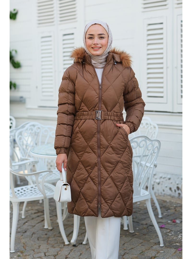 Locco Moda Taba Baklava Desenli Bel Bağlamalı Mont