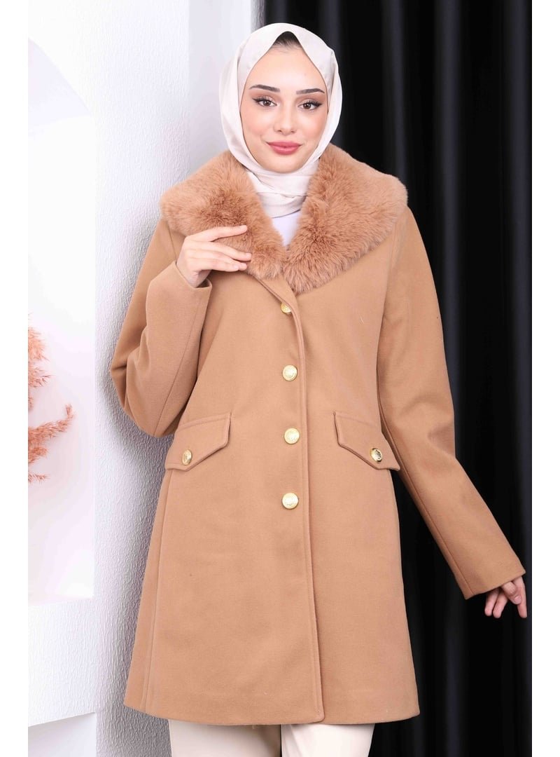 İmaj Butik Camel Yaka Kürklü Kısa Kaşe Kaban