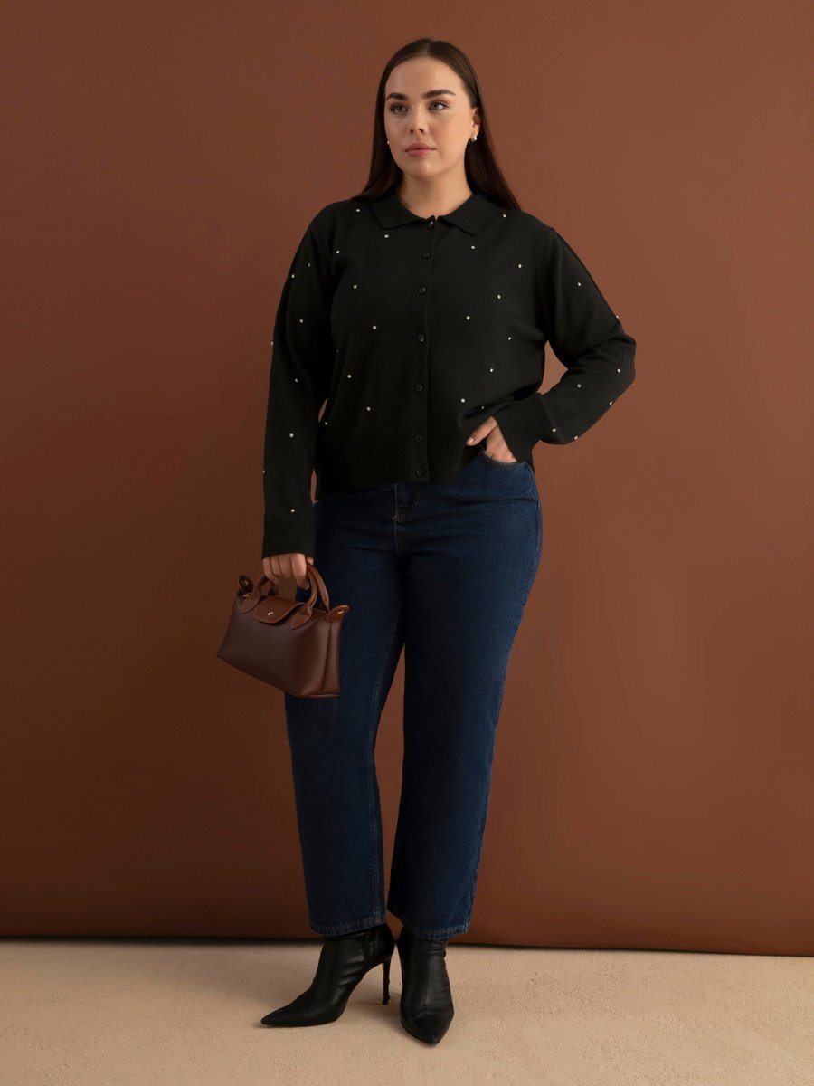 Alia Büyük Beden Taş Detaylı Triko Hırka Siyah