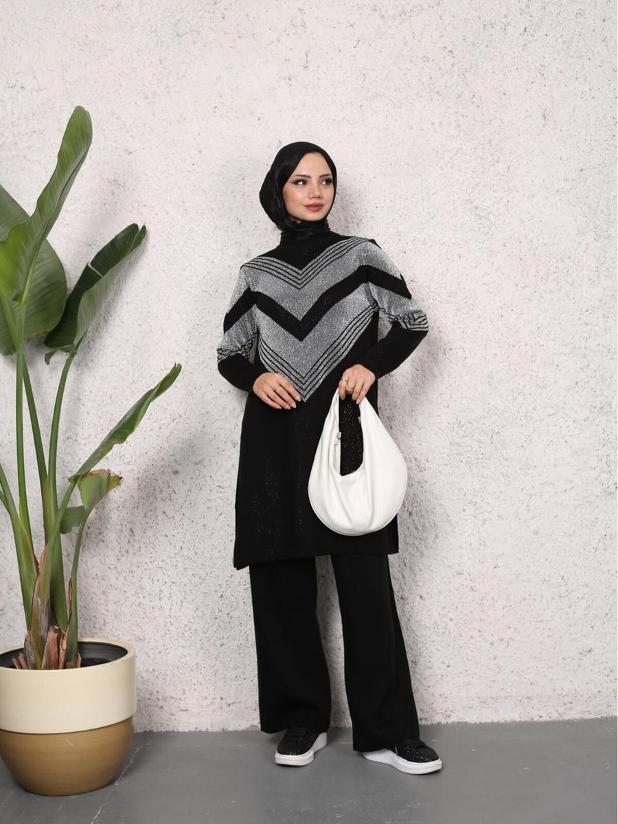 Moda Simli Triko Tunik Pantolon Takım