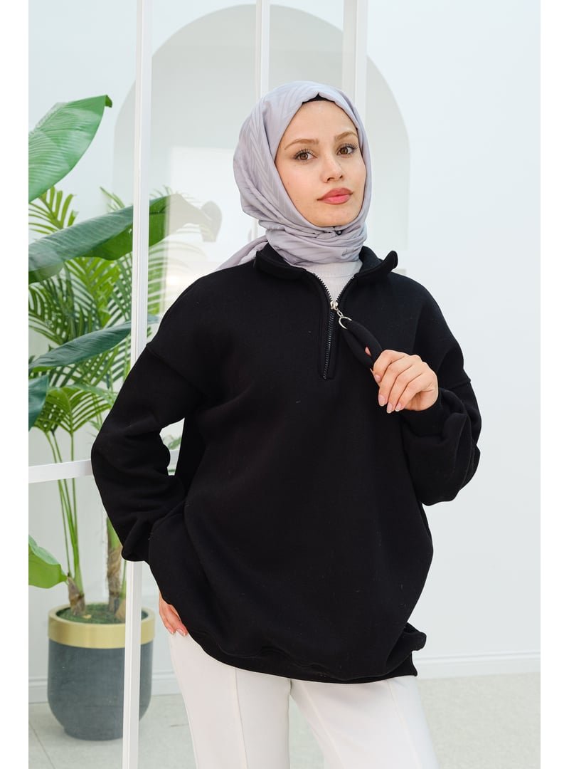 Locco Moda Siyah Yarım Fermuar Detay Sweat