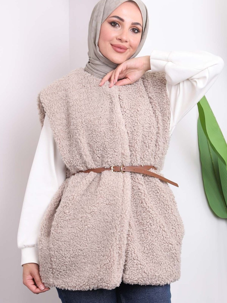 İmajbutik Vizon Bel Kemerli Peluş Yelek