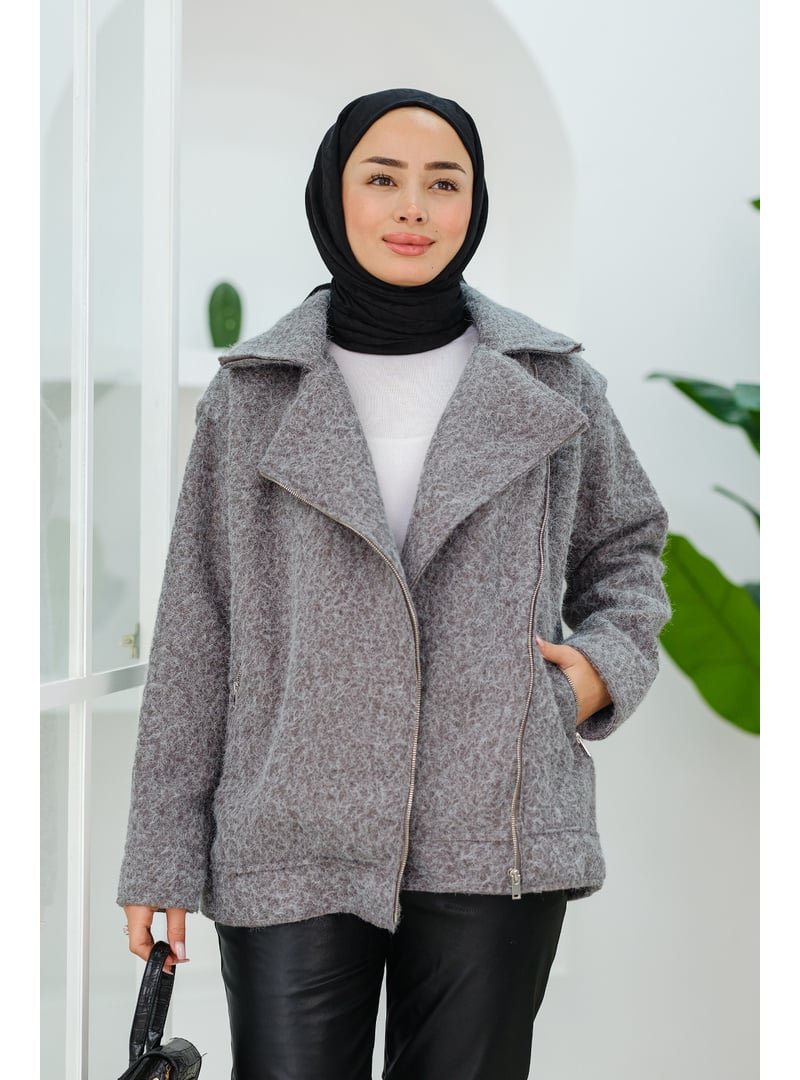 Locco Moda Gri Yan Fermuar Detay Ceket