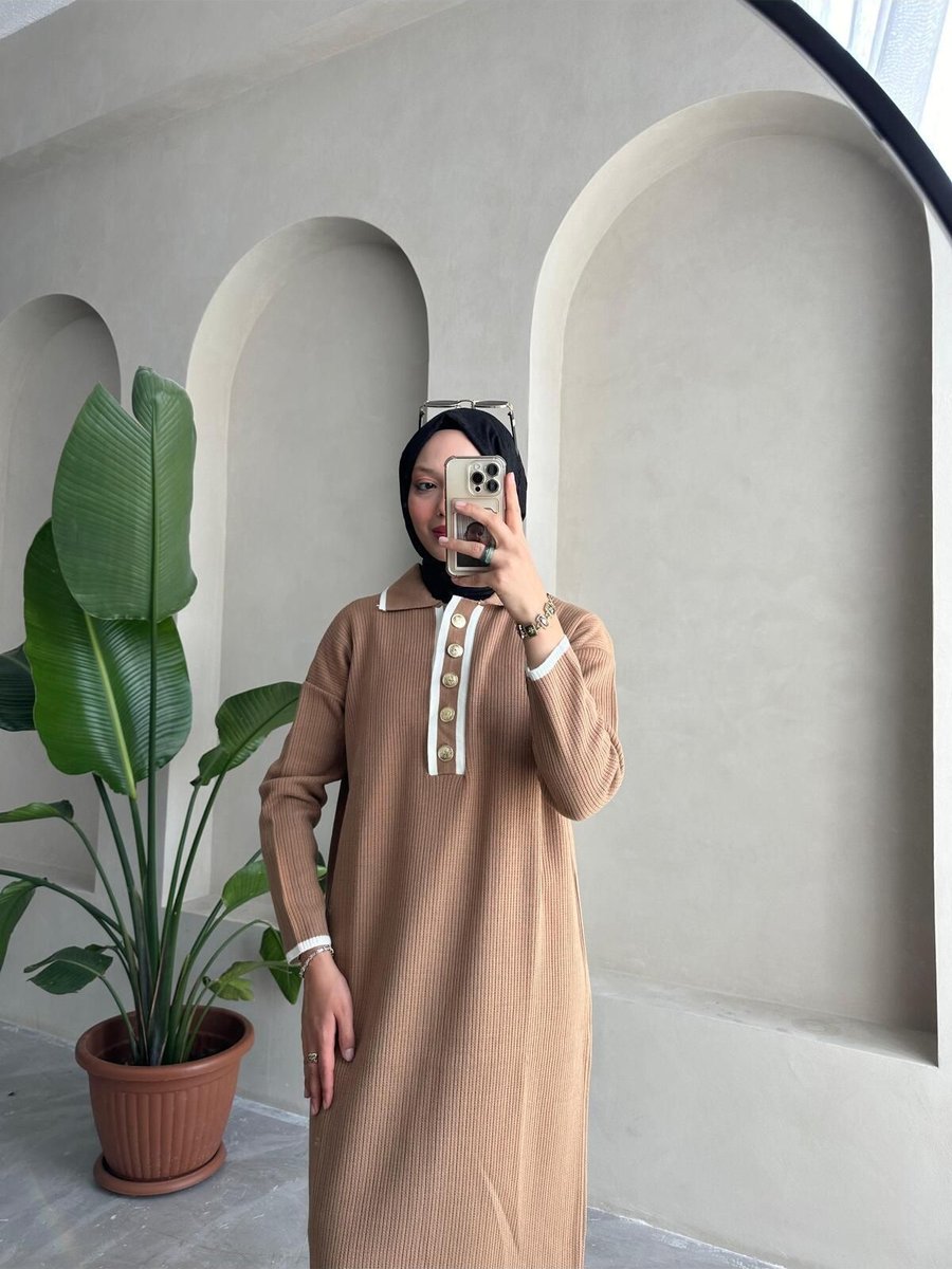 Bahar Altundemir Oversize Düğmeli V Yaka Triko Fitilli Uzun Kışlık Tam Boy Elbise