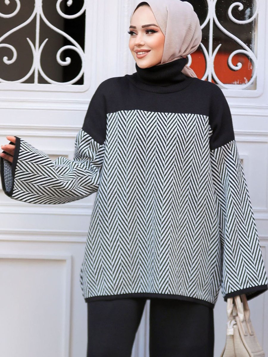 Neva Style Desenli Siyah Triko Tunik Kazak