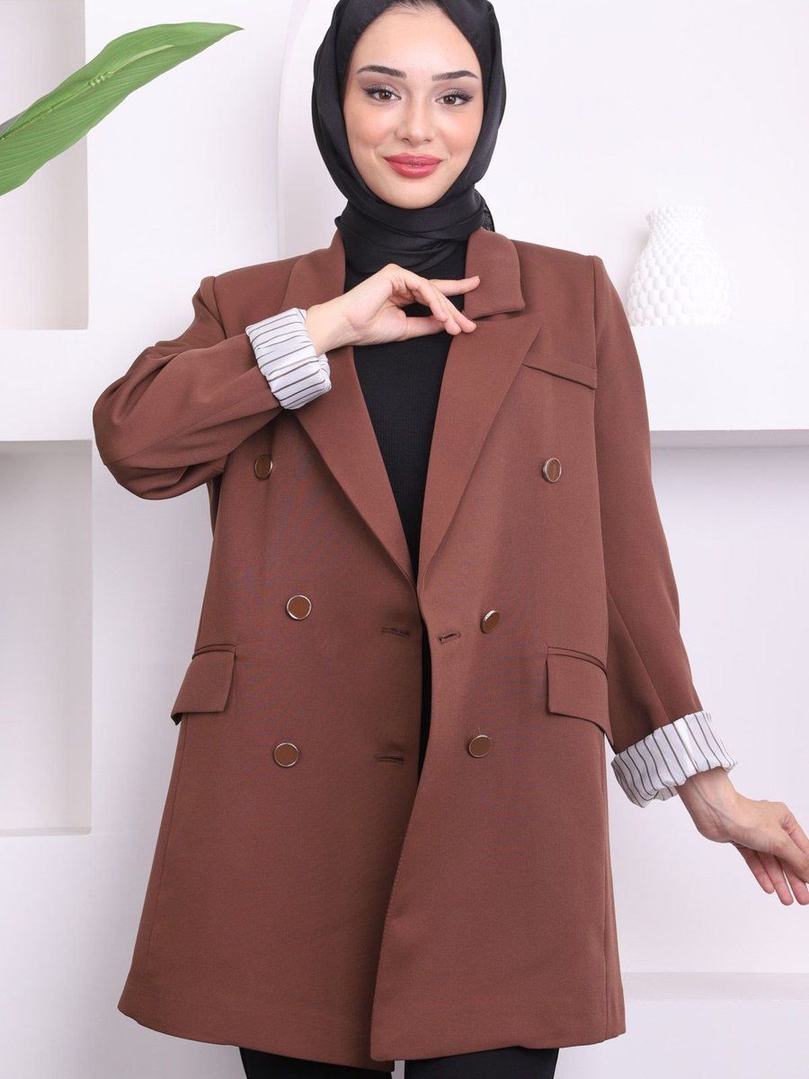 İmajbutik Kahverengi Kruvaze Yaka Çizgili Blazer Ceket