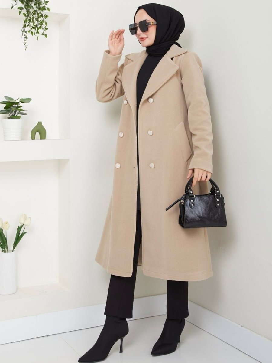 Nevayla Moda Kaşe Uzun Kaban / Bej