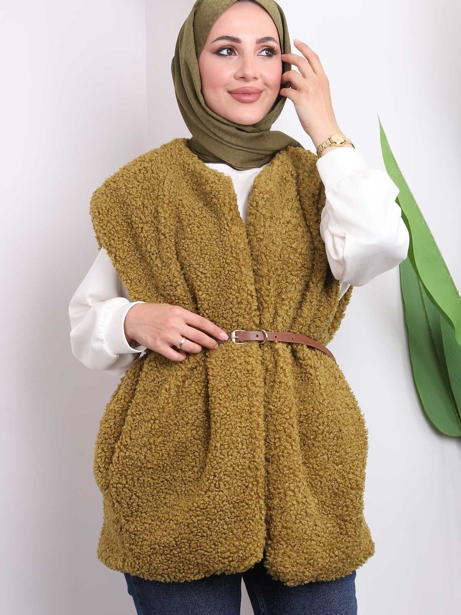 İmajbutik Yağ Yeşili Bel Kemerli Peluş Yelek