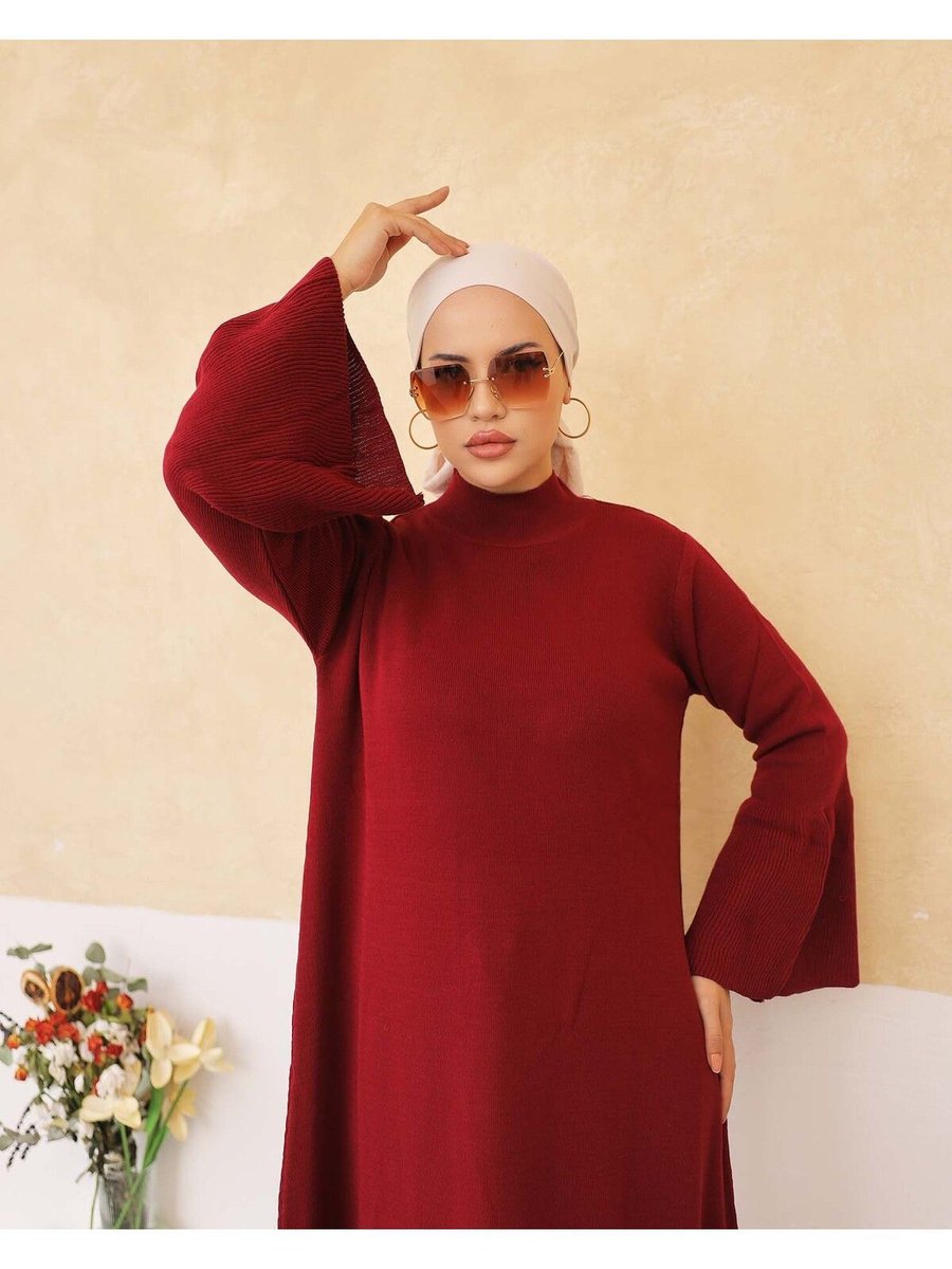 H Hijab Center Kolu Volanlı Triko Elbise