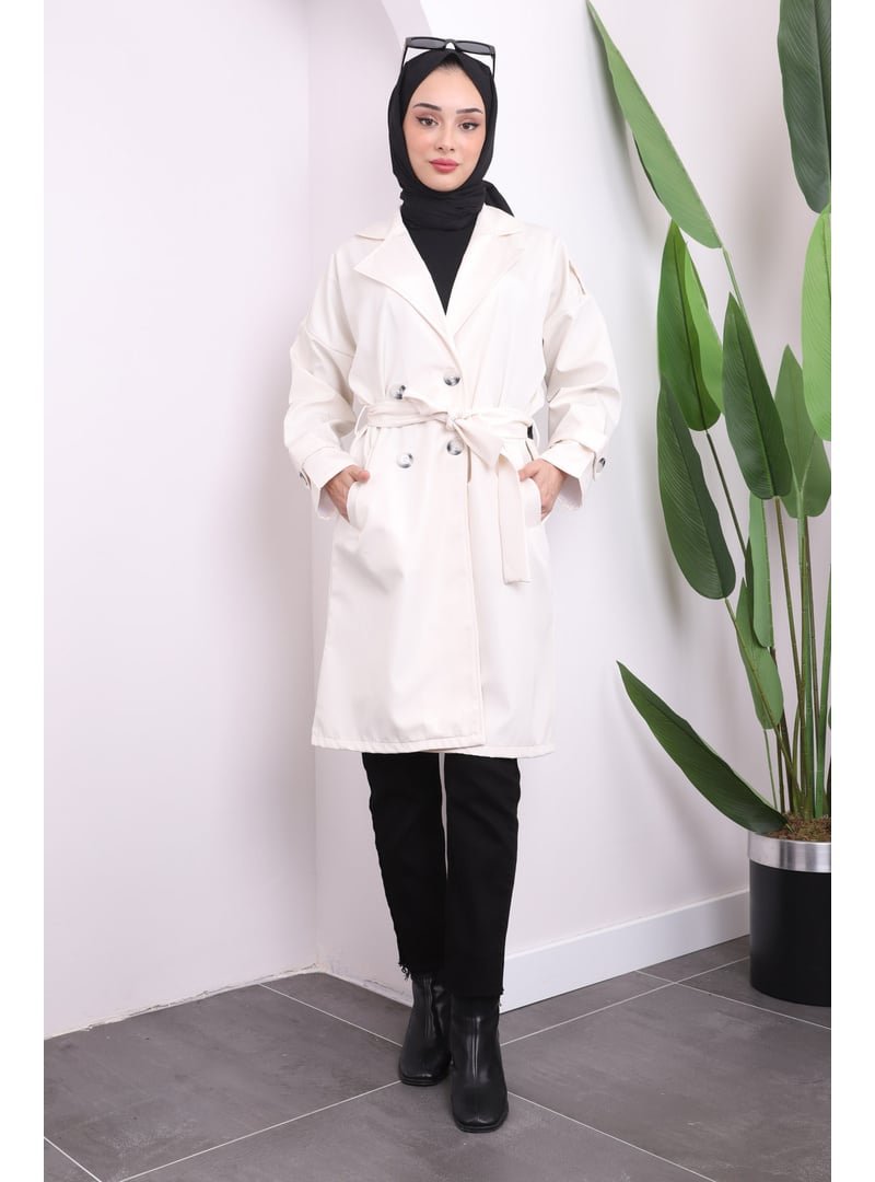 İmaj Butik Ekru Bel Kuşaklı Düğmeli Trençkot