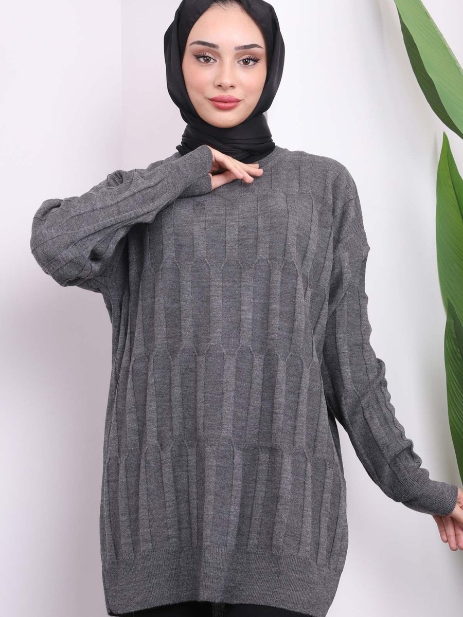 İmajbutik Antrasit Bisiklet Yaka İnce Merserize Salaş Triko Tunik