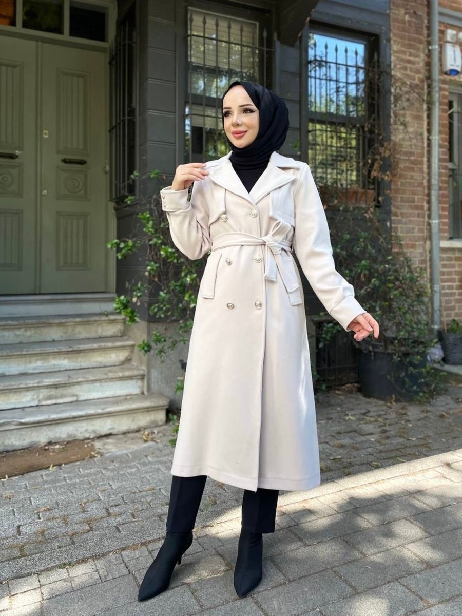 Nevayla Moda Kruvaze Kaşe Kaban / Krem