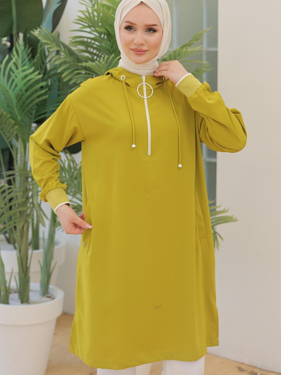 Armine Trend Armine Trend Kolları Ribanalı Kapüşonlu Yarım Fermuarlı Tunik Olive