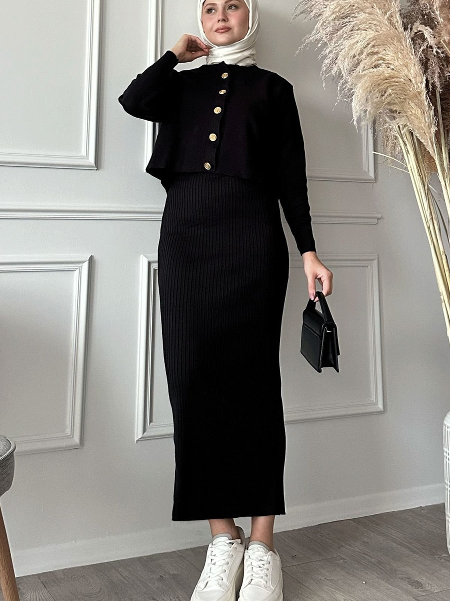 Instyle Hırkalı Fitilli İkili Siyah Triko Takım