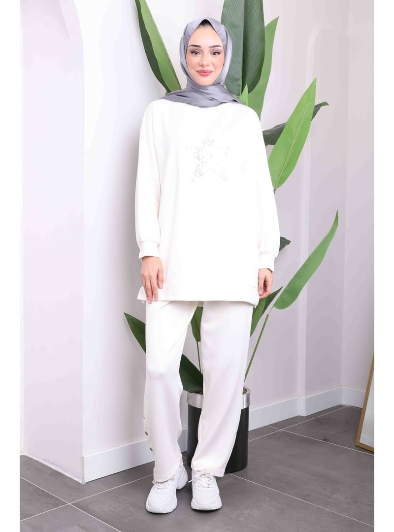 İmaj Butik Ekru Pul Nakışlı Modal Tunik Pantolonlu Takım