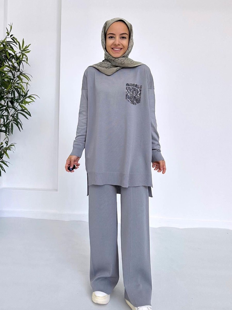 Ka Hijab Taşlı Cep Merserize Takım Gri