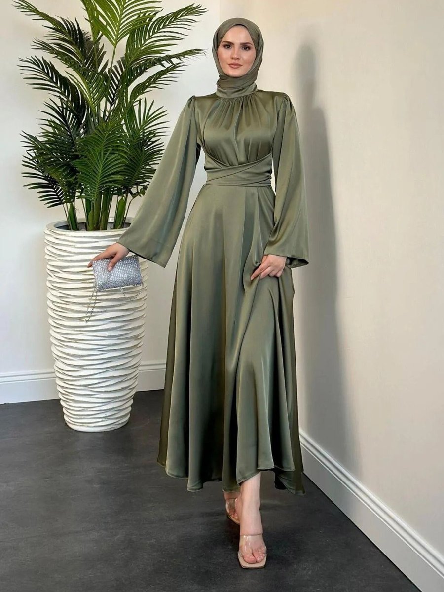 Sura Fashion Belden Bağlamalı Saten Abiye Elbise