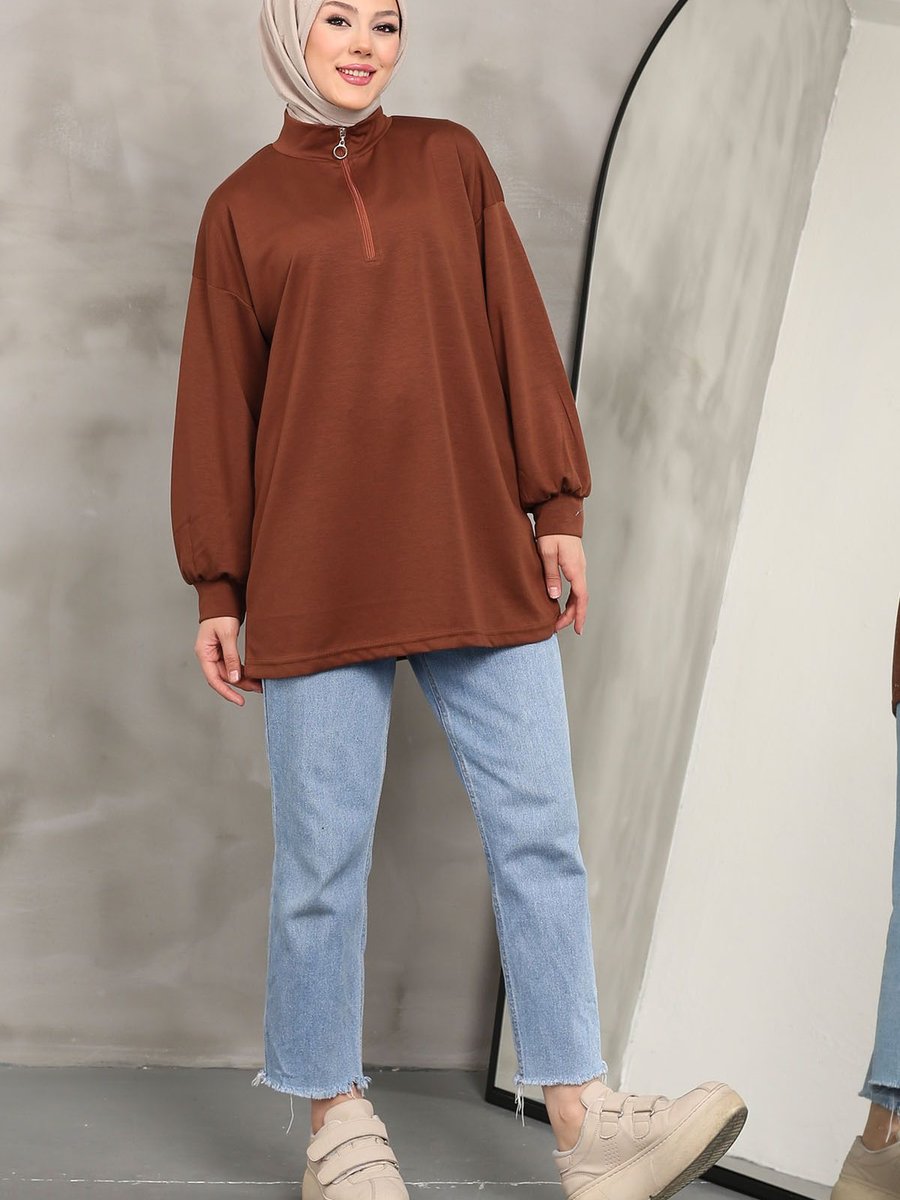 İmajbutik Kahverengi Yaka Fermuarlı Oysho Sweatshirt
