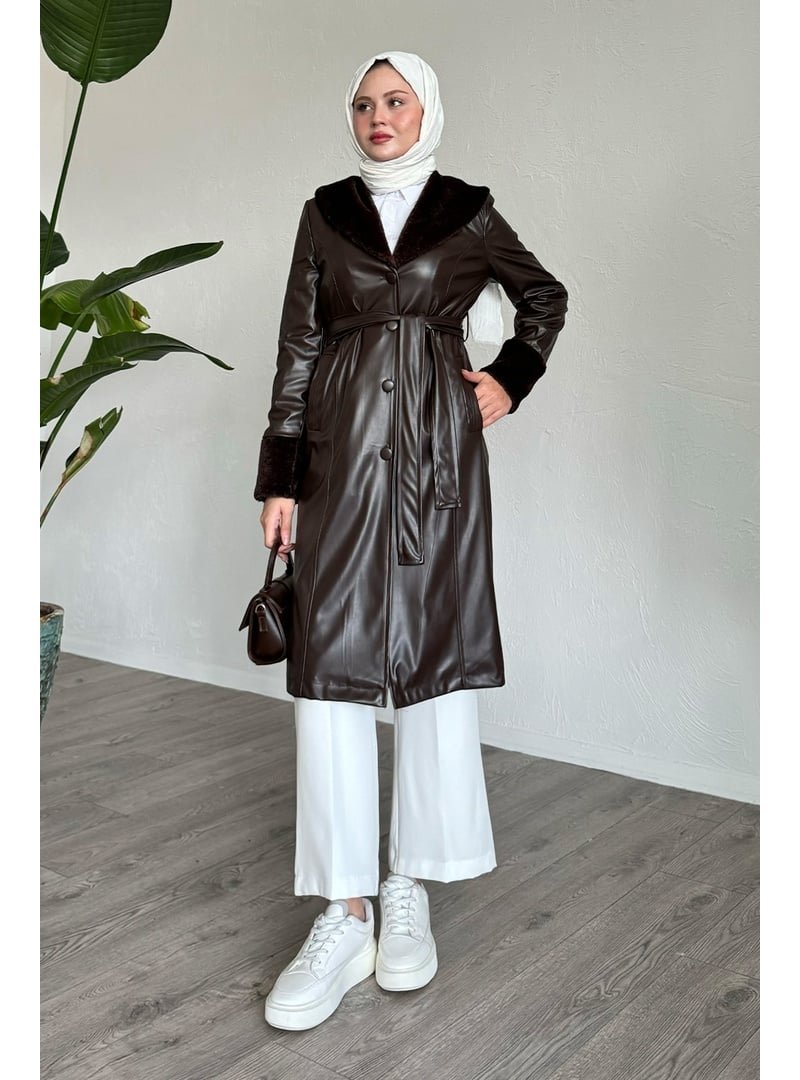 InStyle Kürk Detaylı Acı Kahve Deri Trençkot