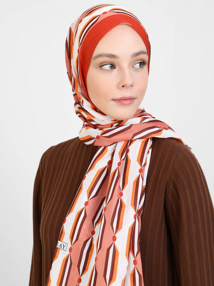 Miray Mercan Nevada Pamuk Şal Çizgi Desen Kremit