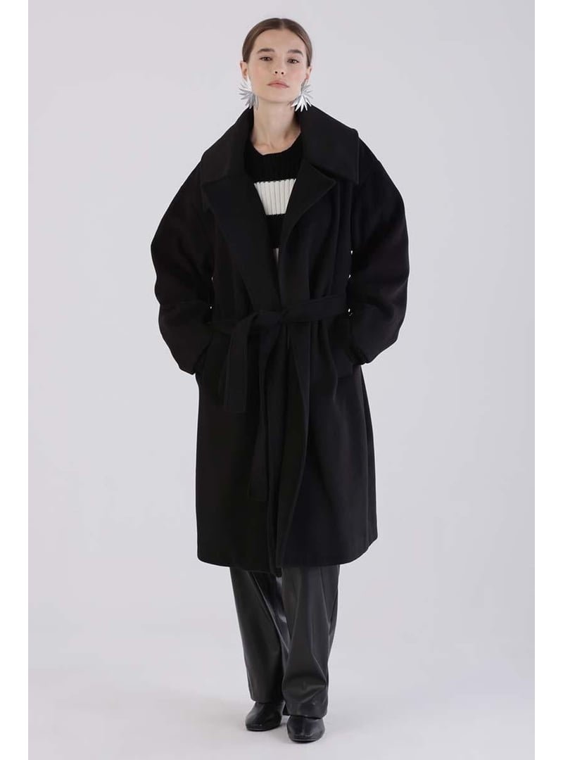 Allday Siyah Oversize Kuşaklı Kaşe Kaban