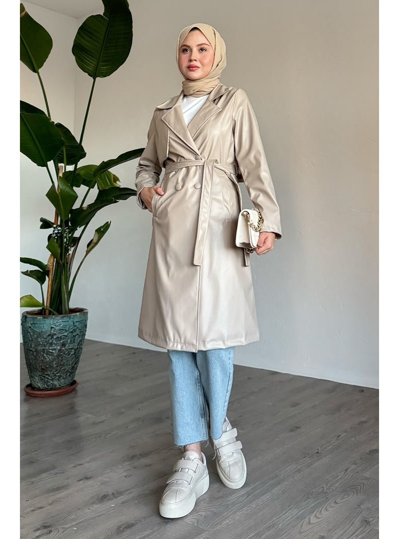 InStyle Bej Kemerli Dar Kalıp Deri Trenç