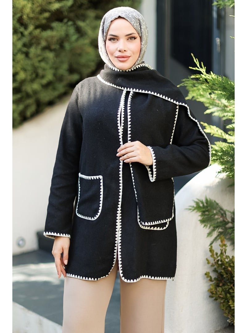 Bestenur Siyah Sarel Atkılı Kaşe Ceket