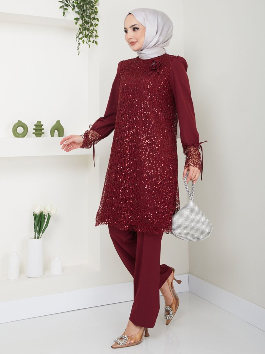 Ayşe Melek Giyim Moda File Pullu Abiye Takım Elbise Bordo