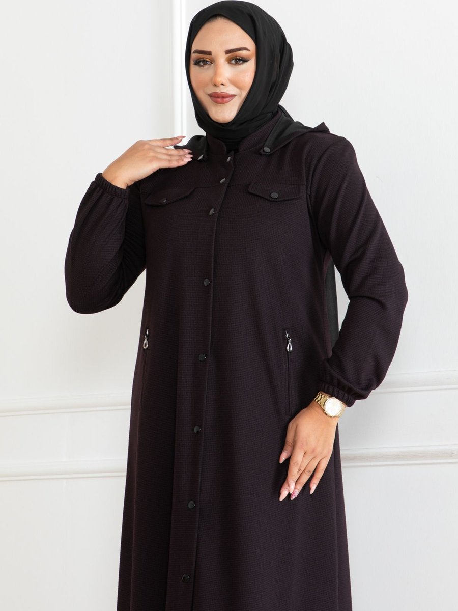 Butik Atlas Kumaş Kapşonlu Çıtçıtlı Mevsimlik Ferace Mürdüm