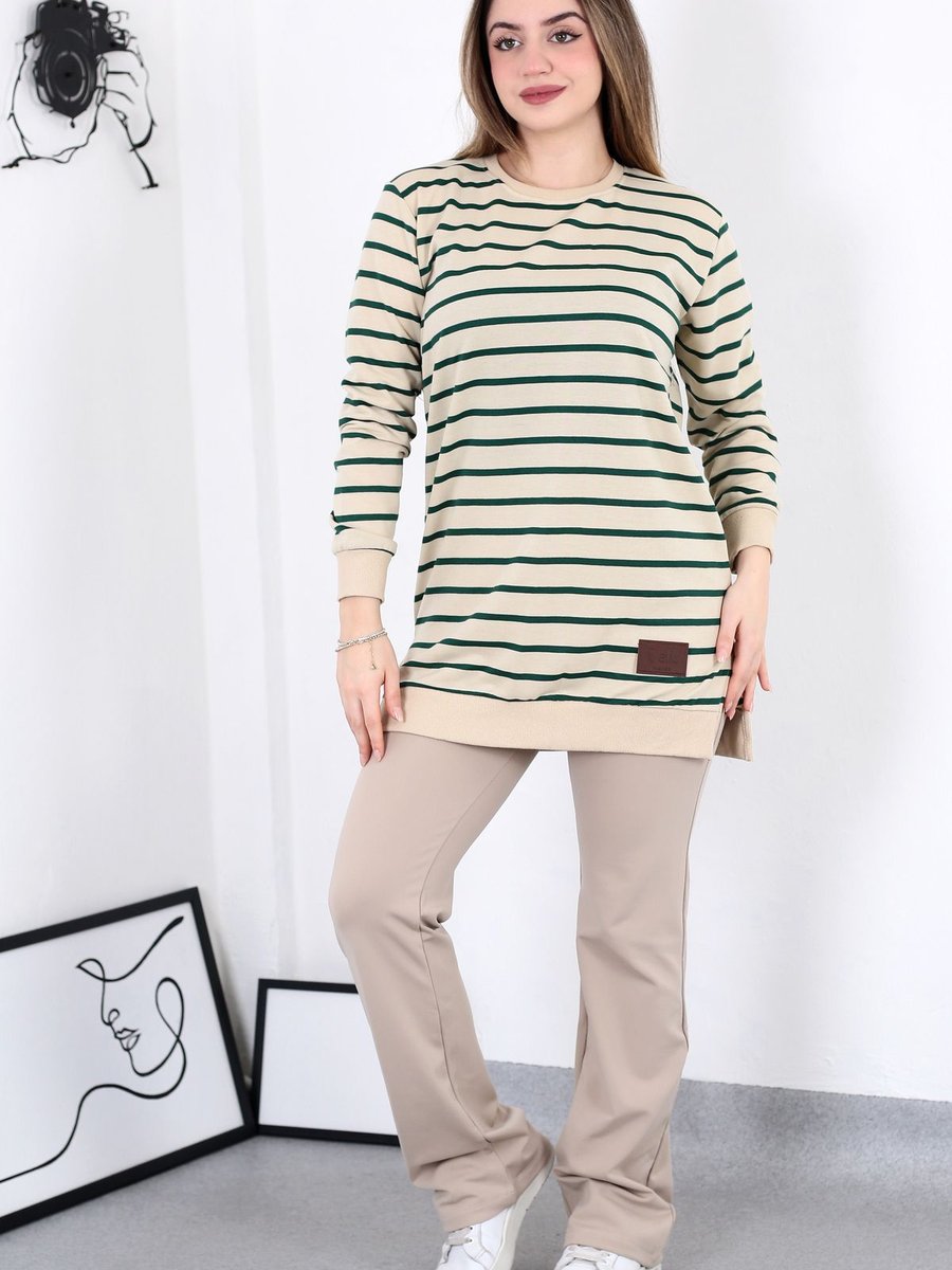 Modapelsu İki İplikli Tesettür Tunik Çizgili Sweatshirt