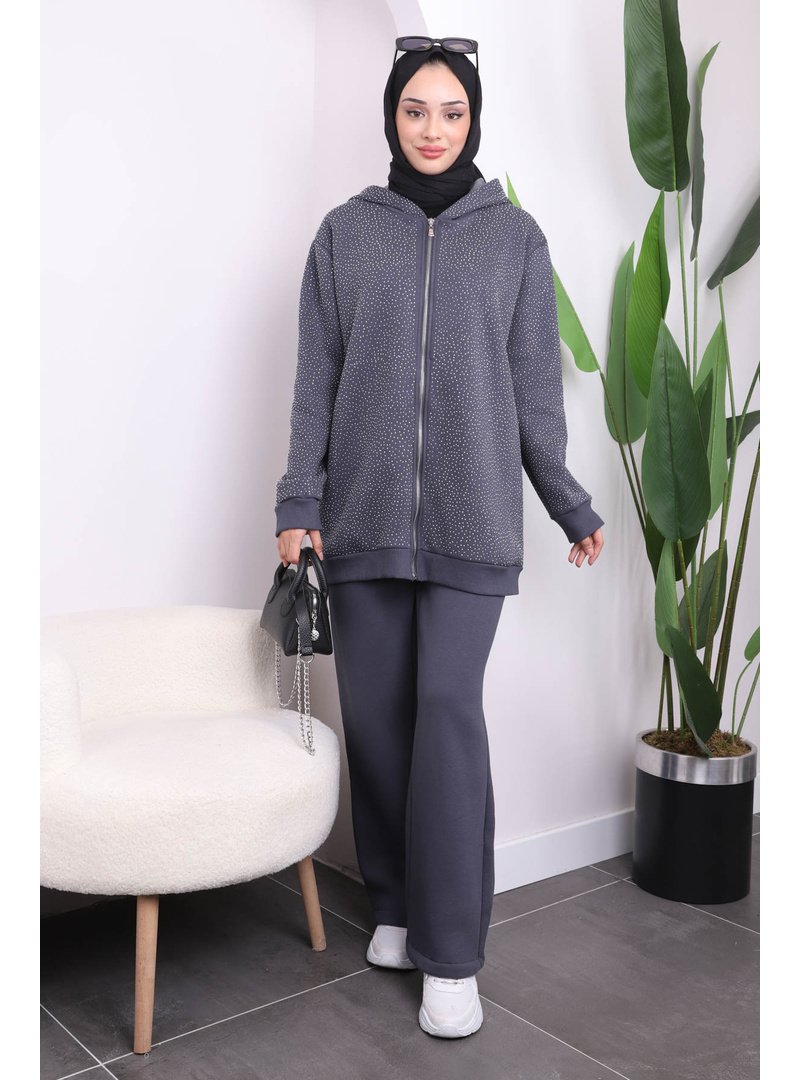 İmaj Butik Füme Taşlı Fermuarlı Tunik Pantolonlu Takım