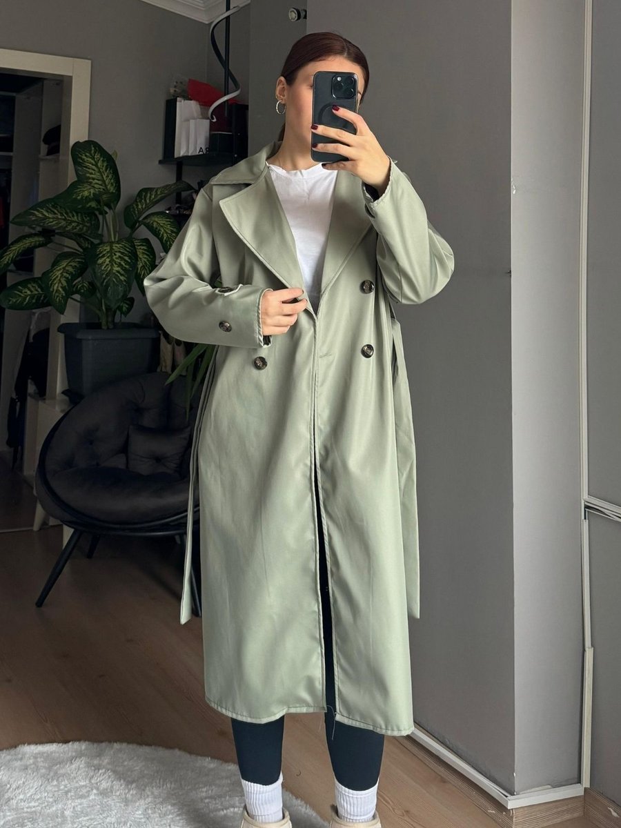 Qenz Klasik Model Trençkot Mint Yeşili