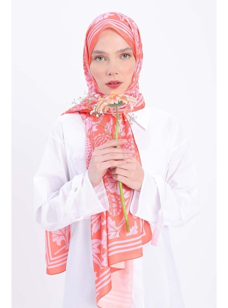 Allday Desenli Twill Şal Turuncu Pembe