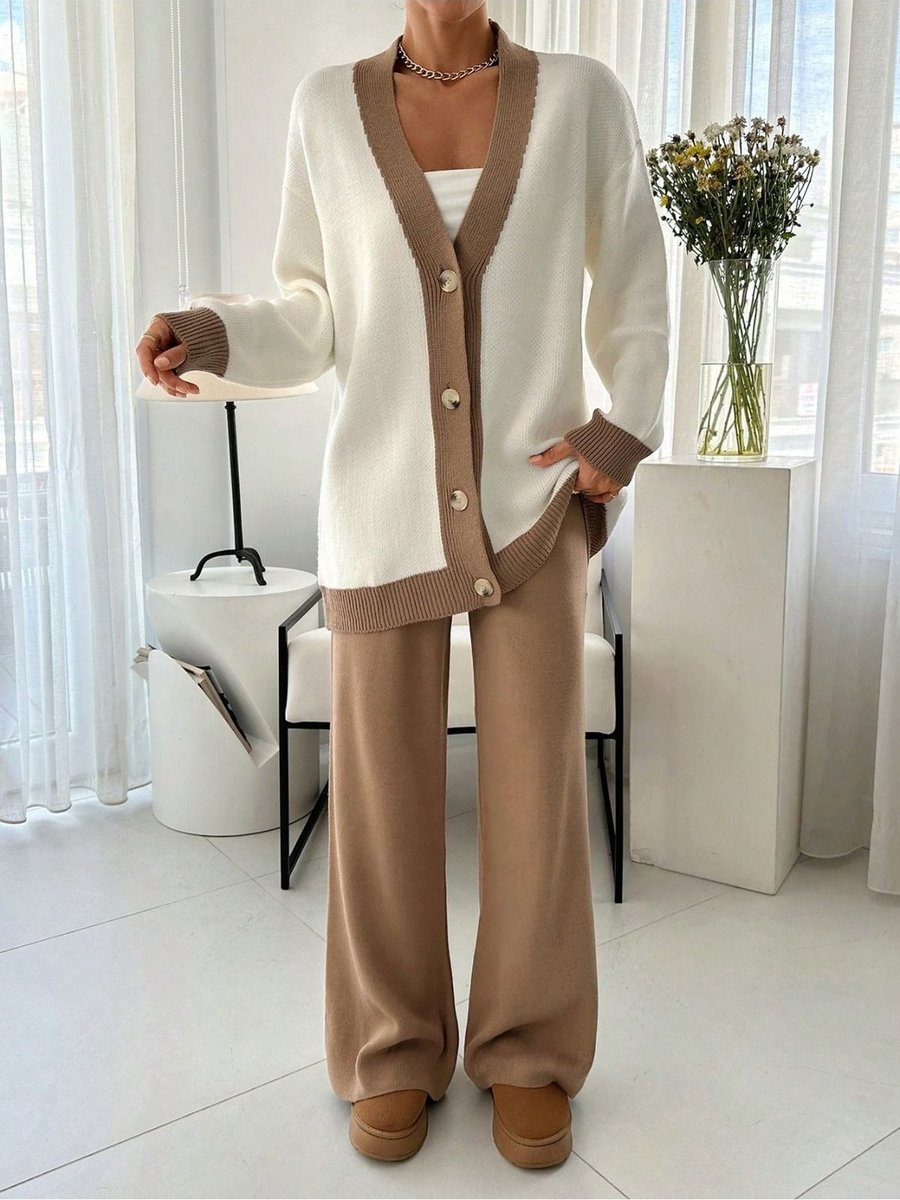 Cloudy Kids Camel Şerit Detaylı Hırka Pantolon Triko Takım