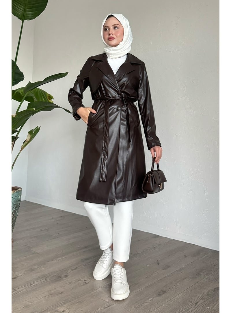 InStyle Acı Kahve Kemerli Dar Kalıp Deri Trenç