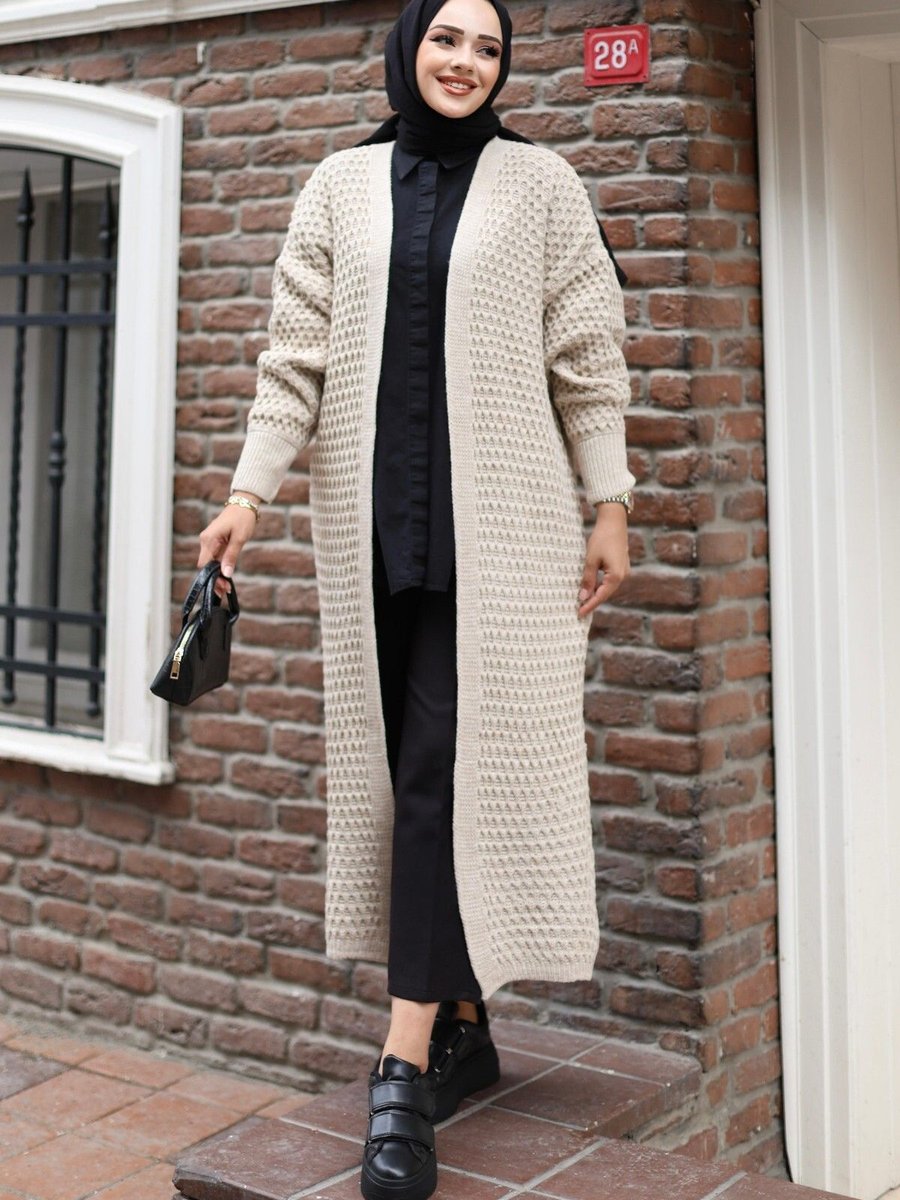 Qumet Oversize Petek Örgü Detaylı Kolu Lastikli Trend Uzun Triko Hırka