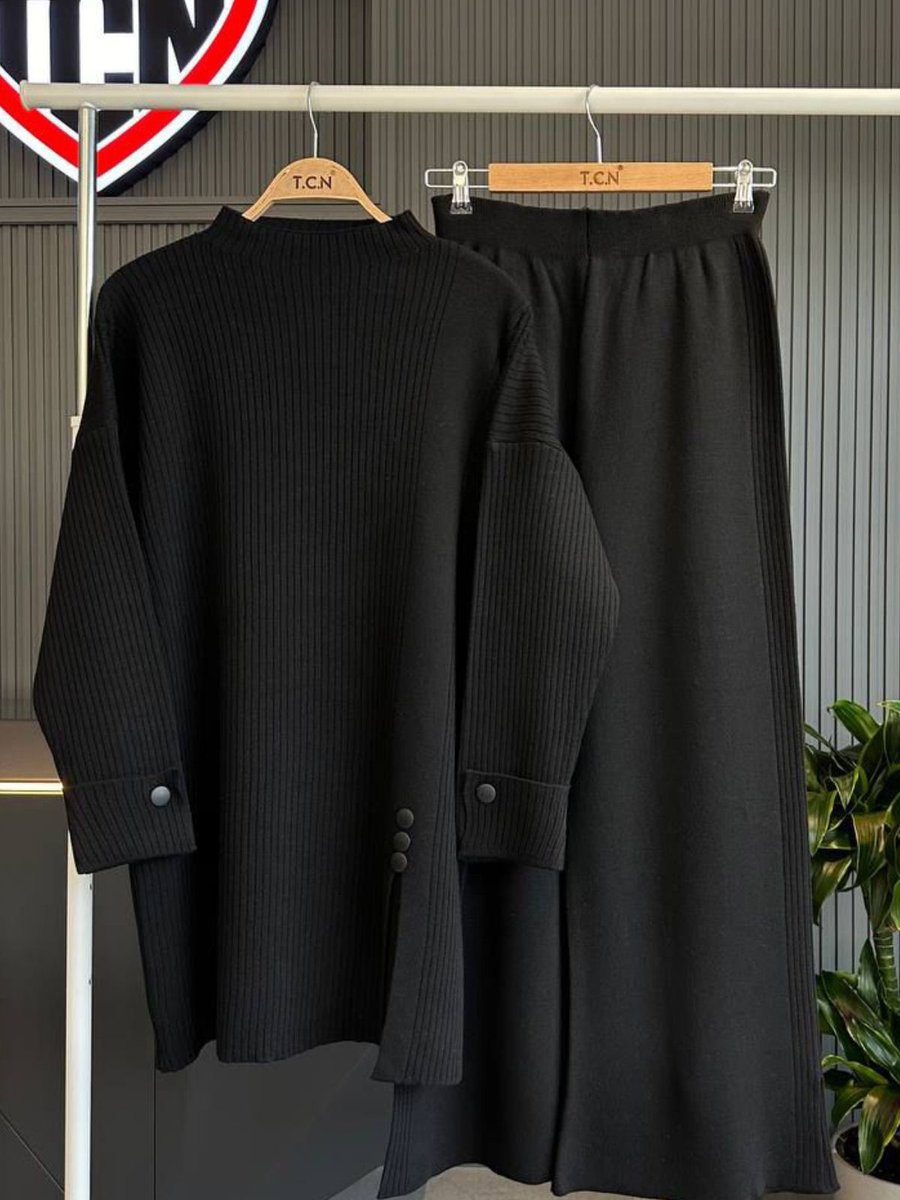 Bold Grup Siyah Standart Triko Fitilli Düğme Detalı İkili Tunik Pantolon Takım