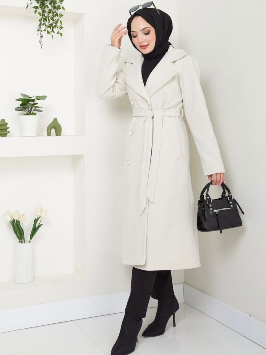 Nevayla Moda Kaşe Uzun Kaban / Krem