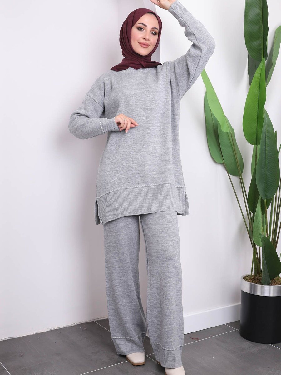 İmajbutik Gri Pantolonlu Triko Tunik Takım