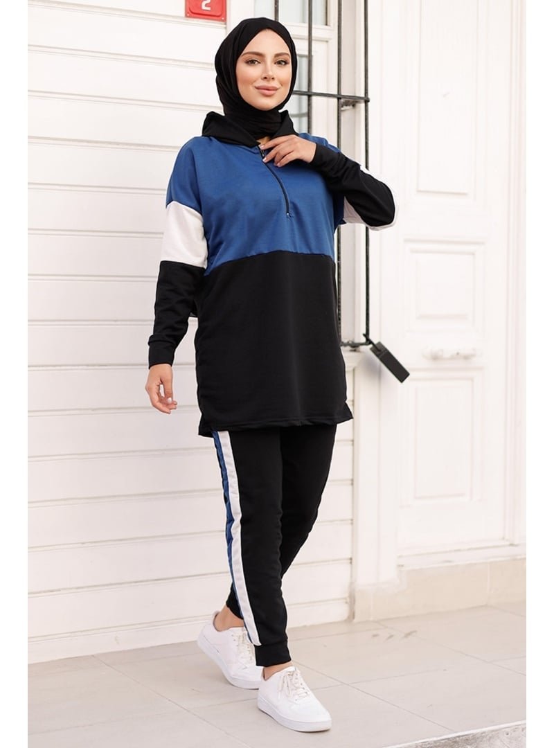 Bestenur Saks Mavisi Çift Renkli Kapüşonlu Fermuar Detay Tunik Pantolon İkili Takım