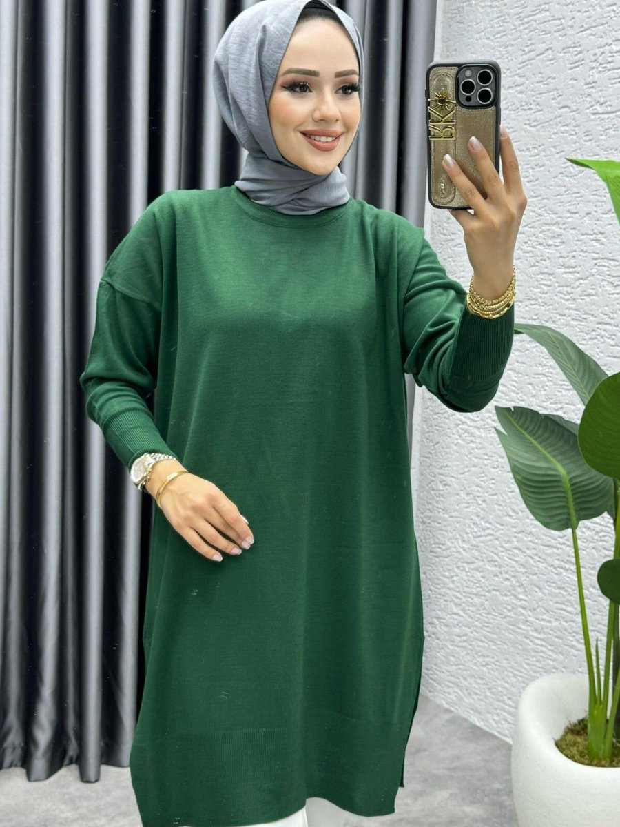İmajbutik Zümrüt Yeşil Bisiklet Yaka Ince Merserize Salaş Triko Tunik