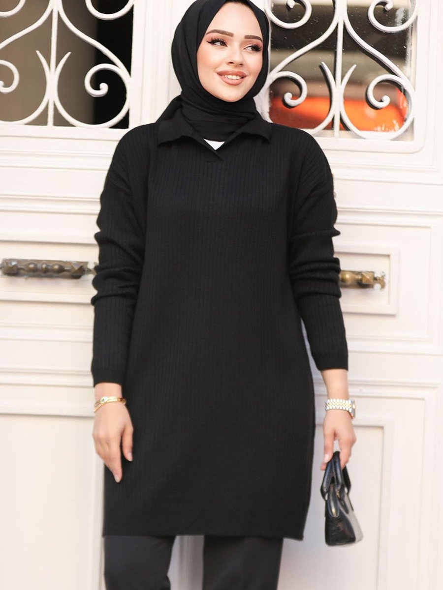 Neva Style Fitilli Siyah Triko Tunik Kazak