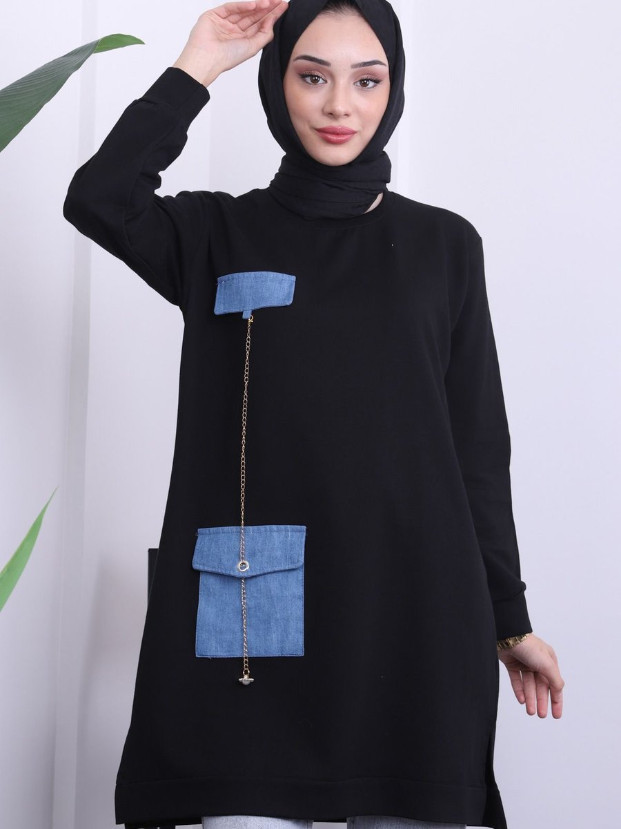 İmajbutik Siyah Kot Detaylı Bisiklet Yaka İki İplik Tunik