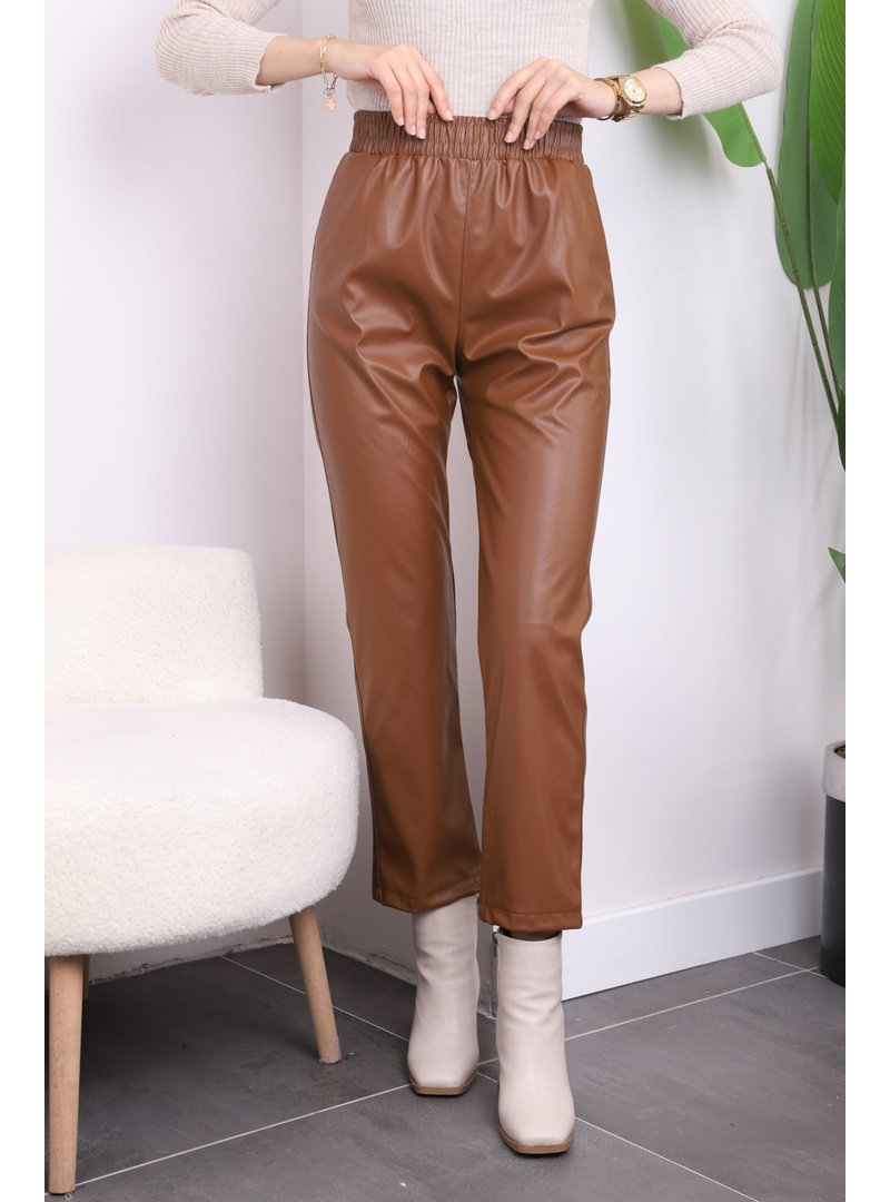 İmaj Butik Taba Cepli Deri Pantolon