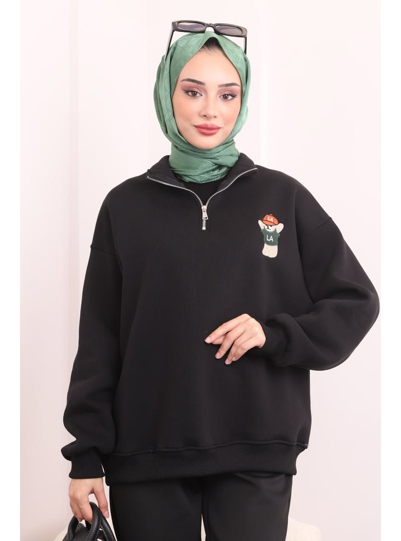 İmaj Butik Siyah Yaka Fermuarlı Şardonlu Üç İplik Sweat